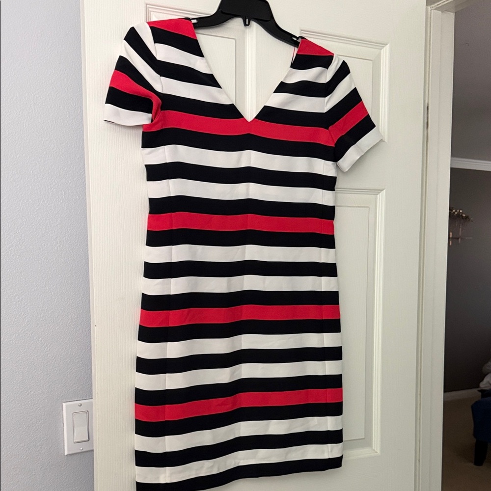 Striped V-Neck Short Sleeve Dress in Black, White & Red